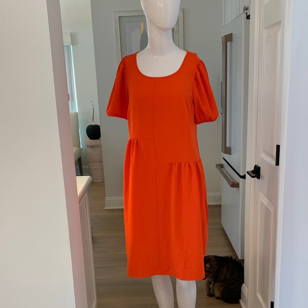Nina Leonard Bold Orange Scoop-Neck Puff Sleeve Midi Dress